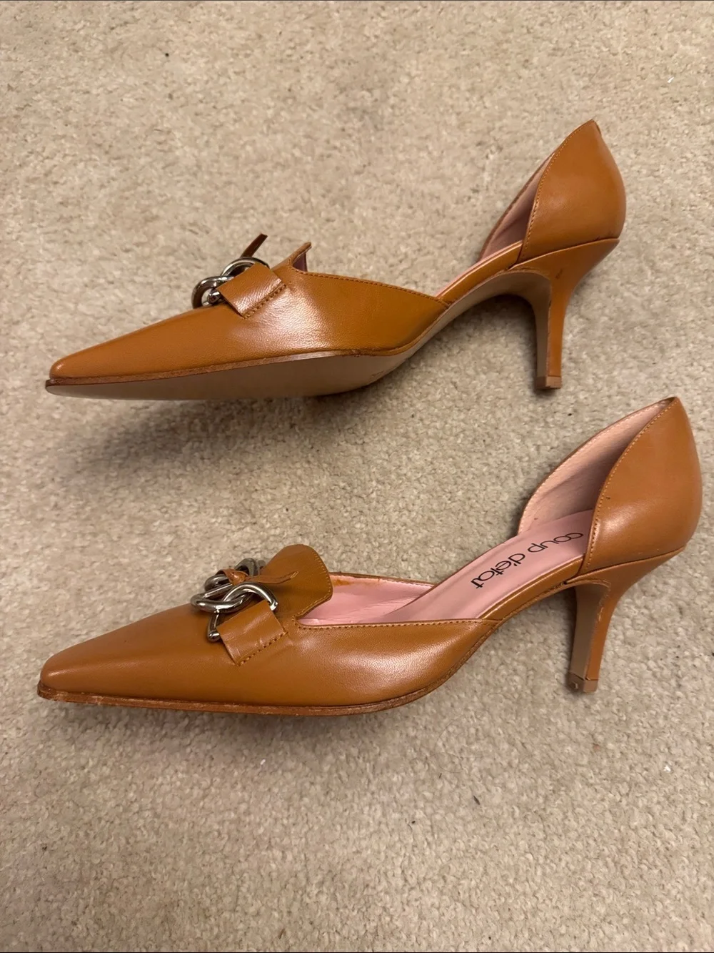 Coup D'état Tan Leather Chain-Accent Pointed Flats